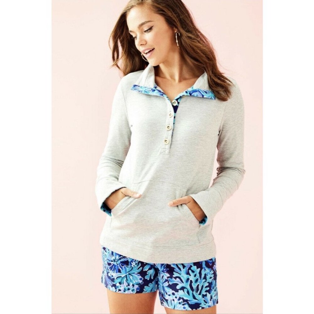 Lilly Pulitzer Gray Skipper Popover Sweatshirt Blue Floral Trim XS Excellent